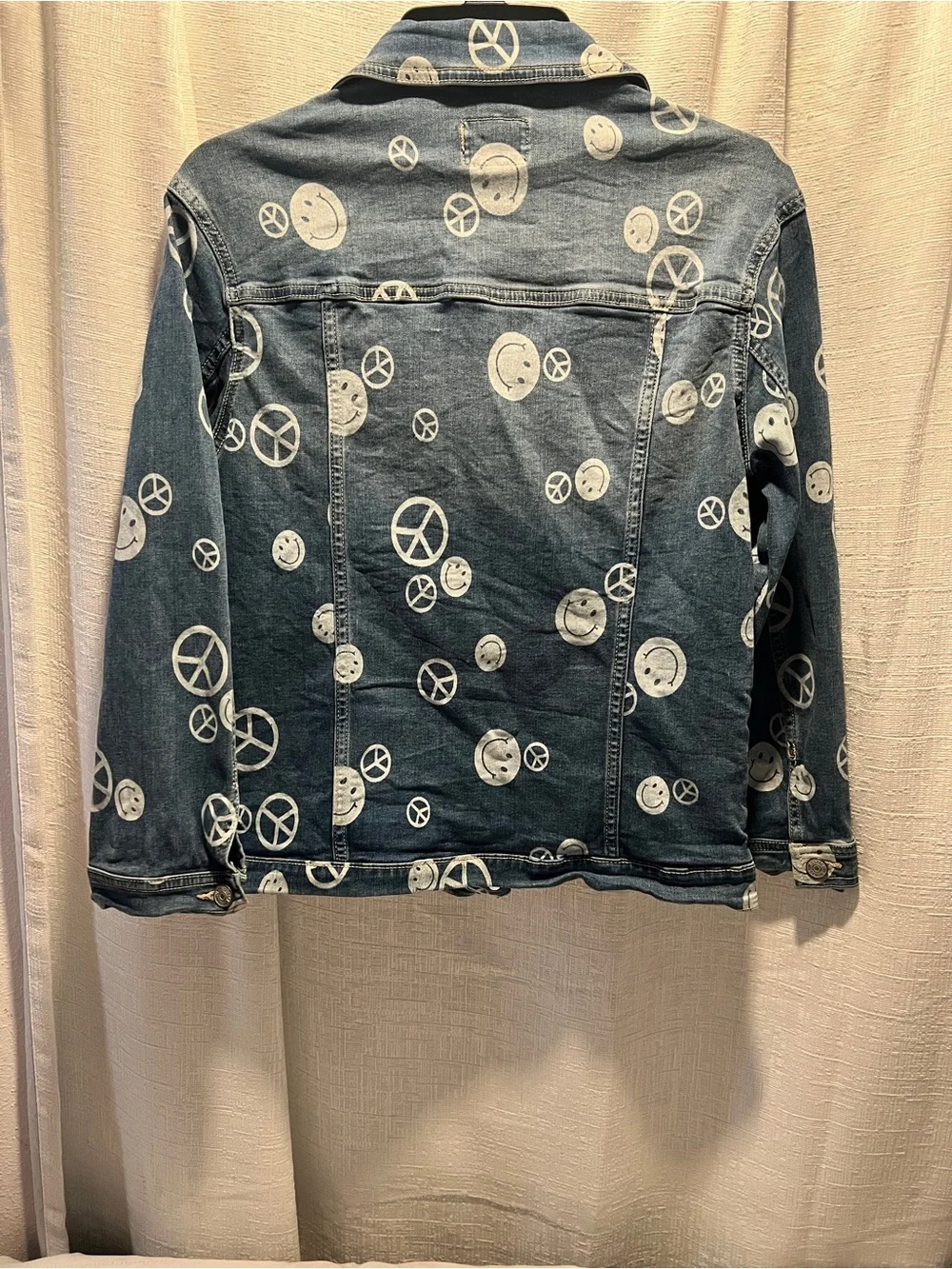 Justice Blue Denim Jacket with White Peace & Smiley Prints X-SIZE LARGE 14-16